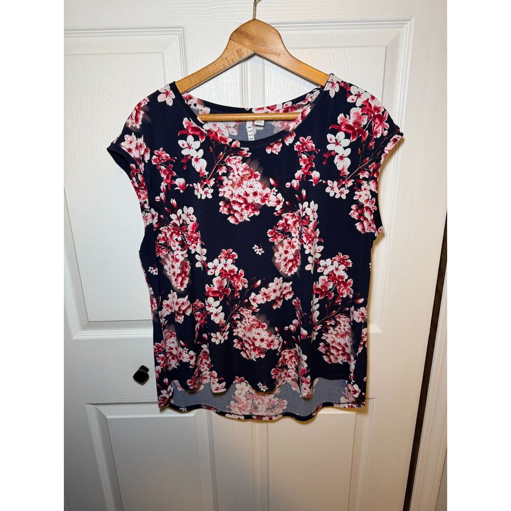 Elle Navy Floral Cap Sleeve Blouse Women's XL Lightweight Career Top